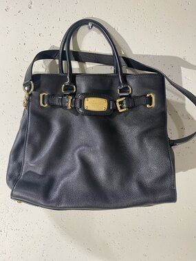 Michael Kors, Large Black Leather Shoulder Tote with Gold Plaque.